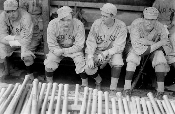 Babe Ruth, Bill Carrigan, Jack Barry, & Vean Gregg, Major League Baseball Players, Boston Red Sox, Portrait, Bain News Service, 1915