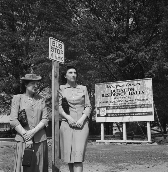 Two Women Waiting for Bus, Arlington Farms, a Residence for Women who work in Government during War, Arlington, Virginia, USA, Esther Bubley for Office of War Information, June 1943