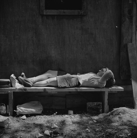 Woman Worker Relaxing on Lunch Break, U.S. Department of Agriculture Timber Salvage Sawmill, Turkey Pond, New Hampshire, USA, John Collier for Office of War Information, June 1943