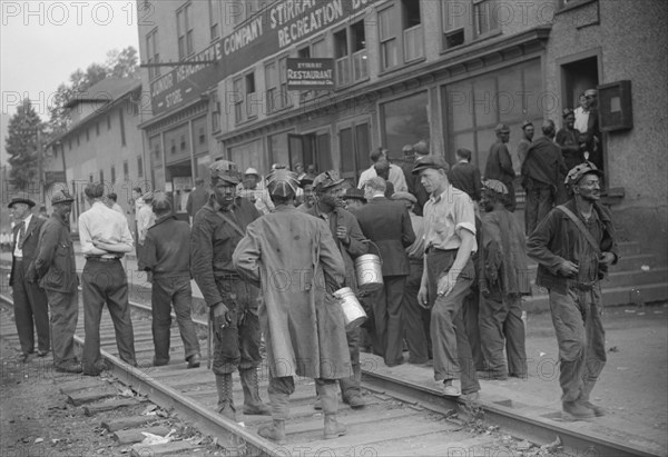 Large Group of Miners Waiting to be Paid, Coal Mining Town, Omar, West Virginia, USA, Marion Post Wolcott for Farm Security Administration, September 1938