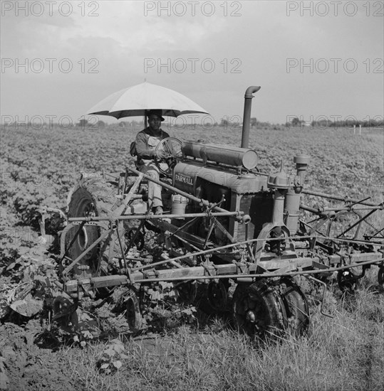 Day Laborer Riding Tractor on Plantation, Clarksdale, Mississippi, USA, Marion Post Wolcott for Farm Security Administration, August 1940