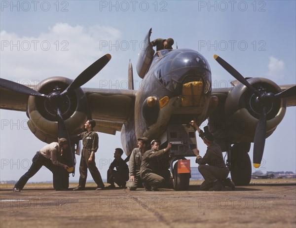 Mechanics Servicing A-20 Bomber, Langley Field, Virginia, USA, Alfred T. Palmer for Office of War Information, July 1942