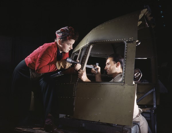Riveting Team Working on Cockpit Shell of B-25 Bomber, North American Aviation, Inc, Inglewood, California, USA, Alfred T. Palmer for Office of War Information, October 1942