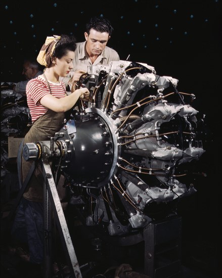 Young Adult Woman being Trained as Engine Mechanic during WWII, Douglas Aircraft Company, Long Beach, California, USA, Alfred T. Palmer for Office of War Information, October 1942