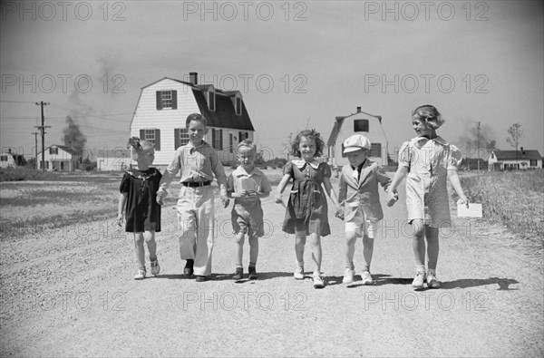 Homestead Children Coming Home from School, Decatur Homesteads, Indiana, USA, Carl Mydans for U.S. Resettlement Administration, May 1936