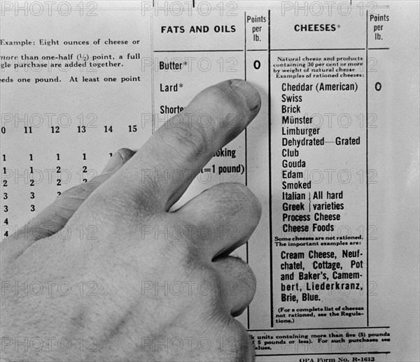 Finger Pointing to Chart of Point Values for Rationed Food Items during WWII, USA, Alfred T. Palmer for Office of War Information, March 1943