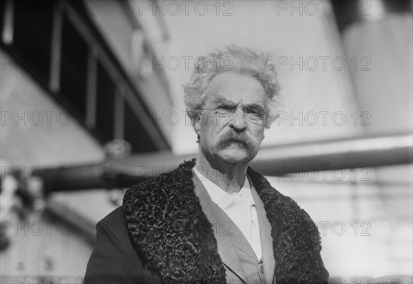 Samuel Clemens, aka Mark Twain, aboard the Bermudian after Trip to Bermuda, New York City, New York, USA, George Grantham Bain Collection, December 20, 1909