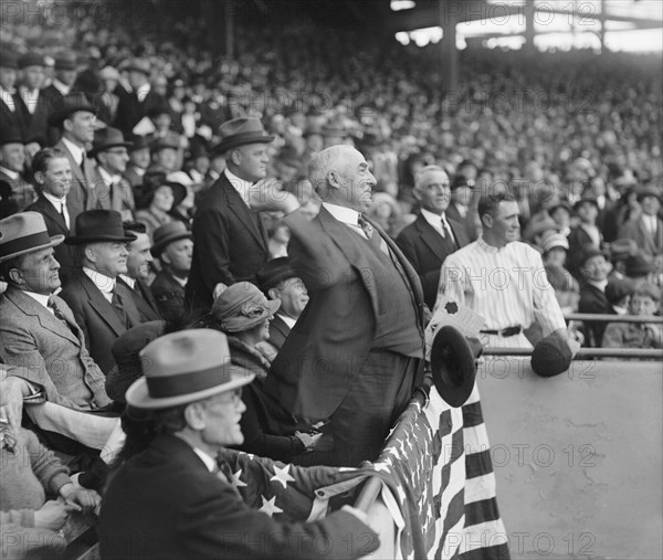 U.S. President Warren Harding throwing out First Ball, Griffith Stadium, Washington DC, USA, National Photo Company, April 1923