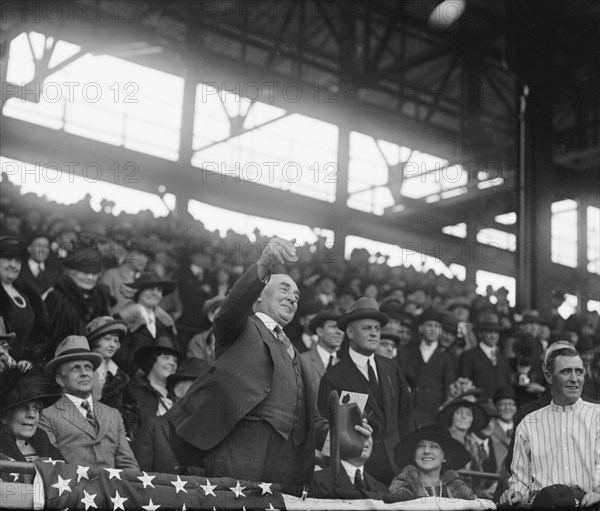 U.S. President Warren Harding throwing out First Baseball of Season, Griffith Stadium, Washington DC, USA, National Photo Company, April 1923