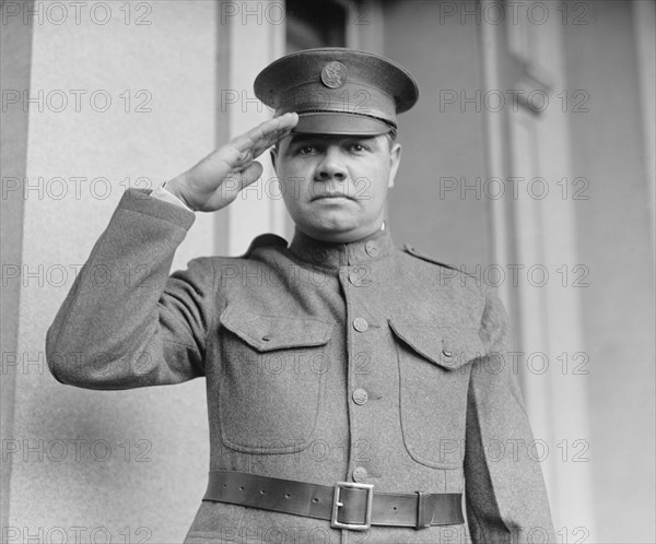 New York Yankees Baseball Player Babe Ruth, Saluting in National Guard Uniform, Washington DC, USA, National Photo Company, May 28, 1924