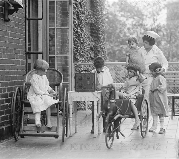 Group of Young Children Listening to Radio at Children's Hospital, Washington DC, USA, National Photo Company, August 1924