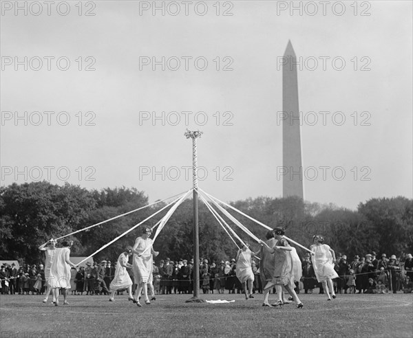 Maypole Dance on Ellipse with Washington Memorial in Background, Washington DC, USA, National Photo Company, May 1925