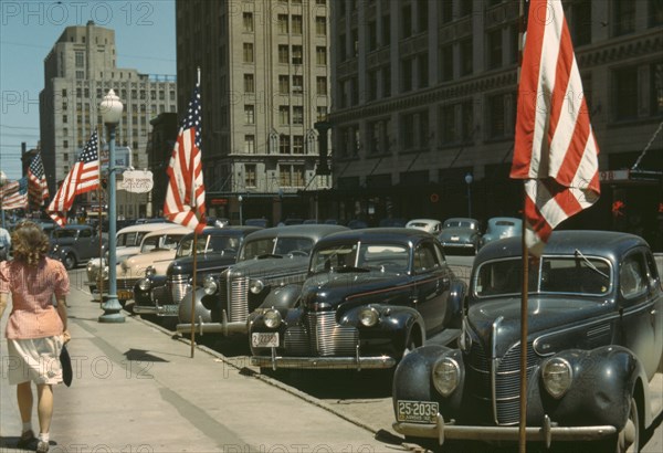 Street Scene with American Flags, Lincoln, Nebraska, John Vachon for Office of War Information, July 1942
