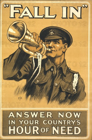 Soldier Blowing Bugle, "Fall In, Answer Now in your Country's Hour of Need", British WWI Poster, Printed by Hill, Sifkin & Company, London, England, UK, 1915