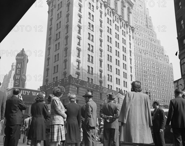 Crowd in Times Square on D-Day, Low Angle View, New York City, New York, USA, Howard R. Hollem for Office of War Information, June 6, 1944