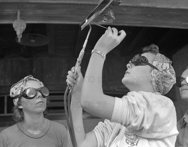 Two Woman Being Trained in Aircraft Construction Class during WWII, De Land, Florida, Howard R. Hollem for Office of War Information, April 1942