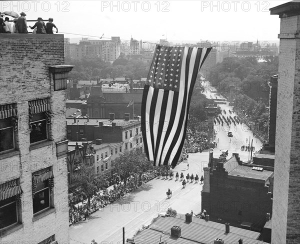 American Flag Hanging Above Parade, Washington DC, USA, National Photo Company, 1923