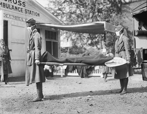 Demonstration at the Red Cross Emergency Ambulance Station during Influenza Pandemic, Washington DC, USA, National Photo Company, 1918