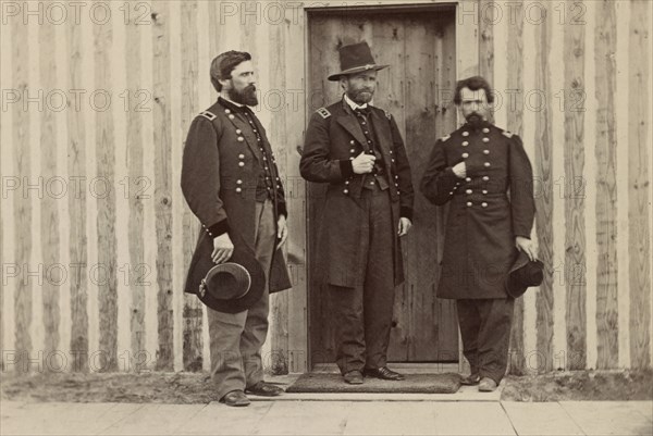 General John A. Rawlins, left, General Ulysses S. Grant, center, and Unidentified Officer, Portrait, 1861