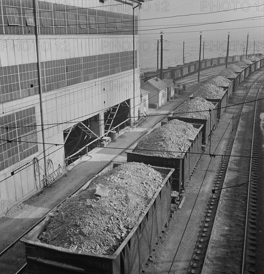 Trains of Ore Containing Copper Arriving at Refining Plant, Salt Lake County, Utah, USA, Andreas Feininger for Office of War Information, November 1942