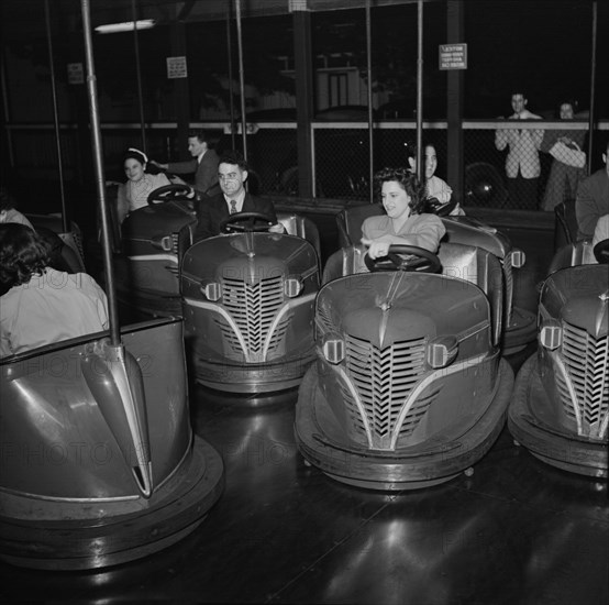 Group of People Enjoying Bumper Cars at Amusement Park, Southington, Connecticut, USA, Fenno Jacobs for Office of War Information, May 1942