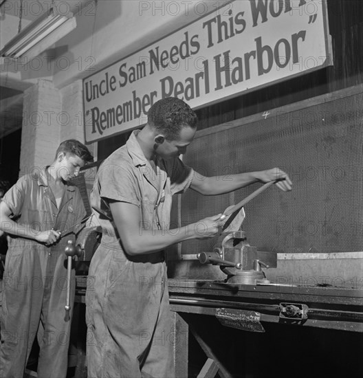 Two Bench Workers Receiving Training in Machine Shop Practice, National Youth Administration Work Center, Brooklyn, New York, USA, Fritz Henle for Office of War Information, August 1942