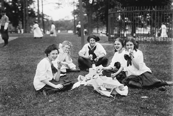 Teen Girls Having Lunch during Midsummer Day Festival, Pelham Bay Park, Bronx, New York, USA, Bain News Service, June 1911