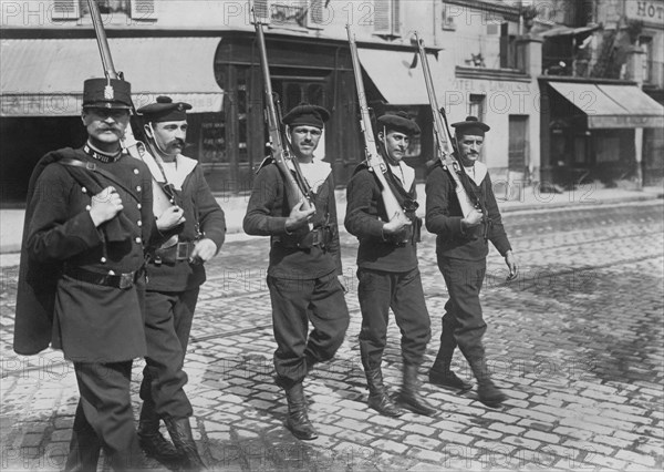 Naval Recruits with Police Officer at Start of World War I, Paris, France, Bain News Service, 1914