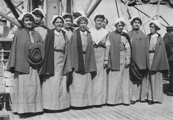 Group of Nurses aboard the SS Red Cross bound for Europe at start of World War I, New York City, New York, USA, Bain News Service, September 1914