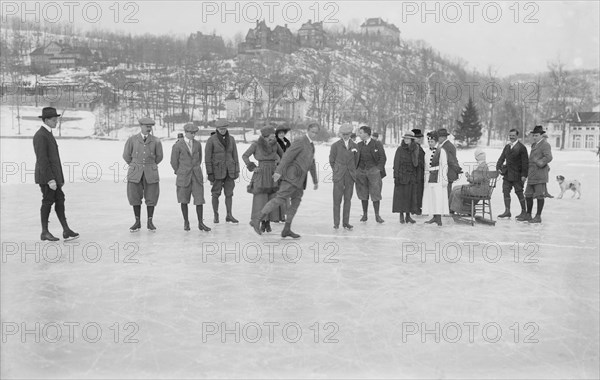 Group of People Ice Skating on Lake, Tuxedo, New York, USA, Bain News Service, 1915
