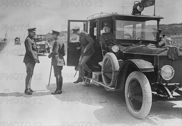 King George V and Edward VII, Prince of Wales, Leaving Car and Greeted by General Julian Byng as they arrive at Butte de Warlencourt near Le Sars, France during World War I, Bain News Service, July 13, 1917