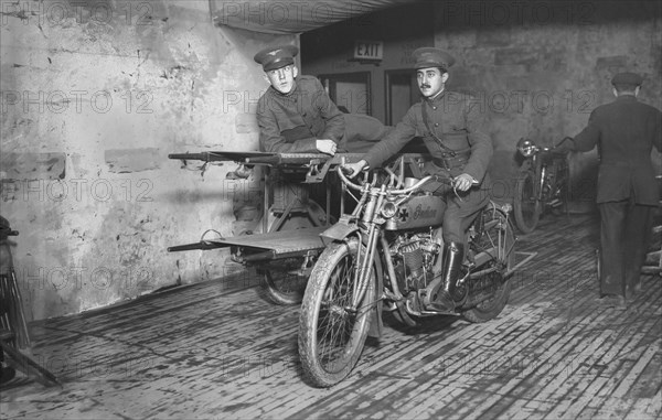 Soldiers on Motorcycle Ambulance at Hero Land Bazaar, a War Relief Benefit during World War I, Grand Central Palace, New York City, New York, USA, Bain News Service, December 1917