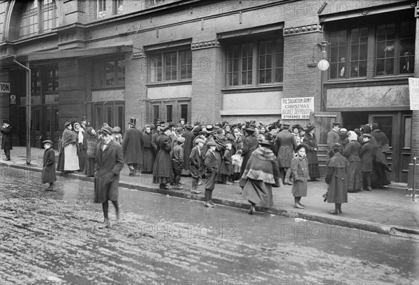 Crowd Waiting at Salvation Army Food Basket Distribution Facility, New York City, New York, USA, Bain News Service, December 1908