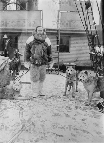 Robert E. Peary, Portrait in Fur Parka with Dogs on Deck of S.S. Roosevelt, Bain News Service, 1906