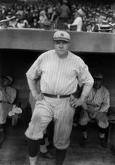 Babe Ruth, Major League Baseball Player, New York Yankees, Portrait Standing in Dugout, Bain News Service, 1921