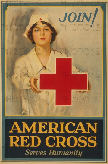 Red Cross Nurse Holding Red Cross, "Join! American Red Cross Serves Humanity", Membership Drive Poster during World War I, by Lawrence Wilbur, USA, 1917