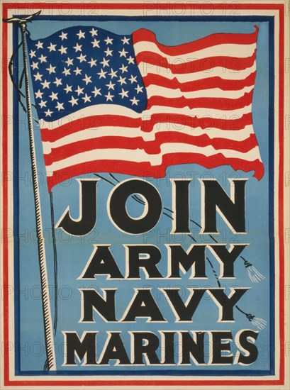 American Flag, "Join Army, Navy, Marines", World War I Recruitment Poster, USA, 1917