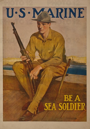 Marine with Rifle, "U.S. Marine, Be a Sea Soldier", World War I Recruitment Poster, by Clarence F. Underwood, USA, 1917