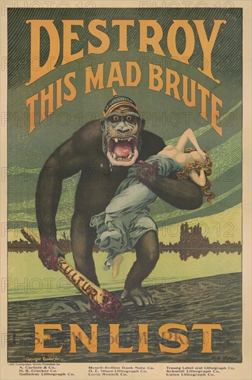 Terrifying Gorilla with Helmet Labeled "Militarism" Holding Bloody Club Labeled "Kultur" and Woman as he Stomps onto American Shore, "Destroy This Mad Brute, Enlist", World War I Recruitment Poster, by Harry R. Hopps, USA, 1918