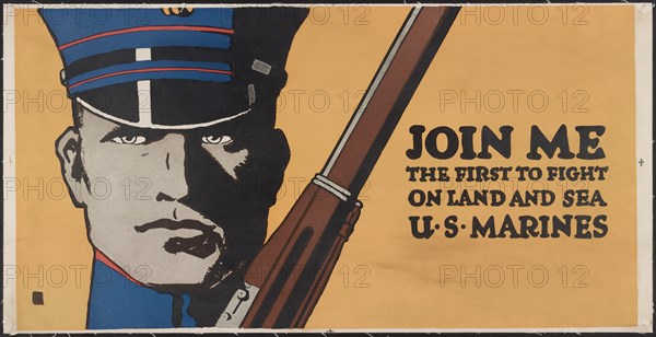 Close-Up Portrait of Marine with Rifle, "Join Me, the First to Fight on Land and Sea, U.S. Marines", World War I Recruitment Poster, by Artist John A. Coughlin, 1917