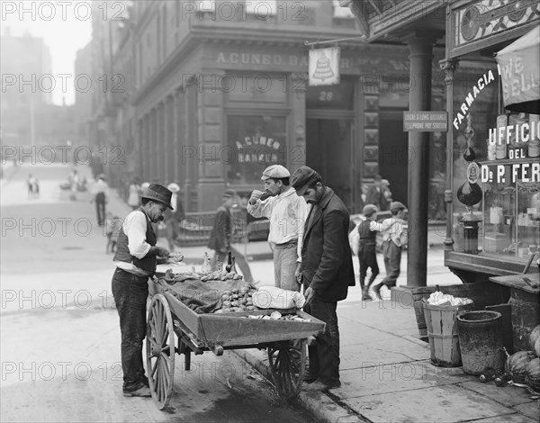 Clam Seller, Mulberry Bend, Little Italy, New York City, New York, USA, Detroit Publishing Company, 1900