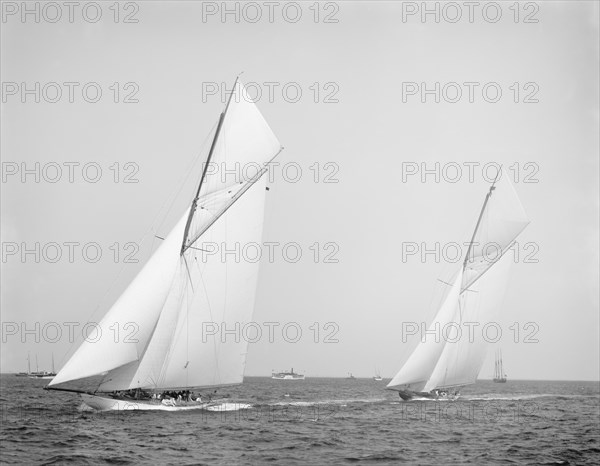 Columbia and Shamrock II, Prior to Start of America's Cup Race, New York Harbor, USA, Detroit Publishing Company, October 1901