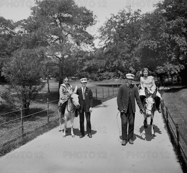 Two Girls Riding Donkeys, Central Park, New York City, New York, USA, Detroit Publishing Company, 1900