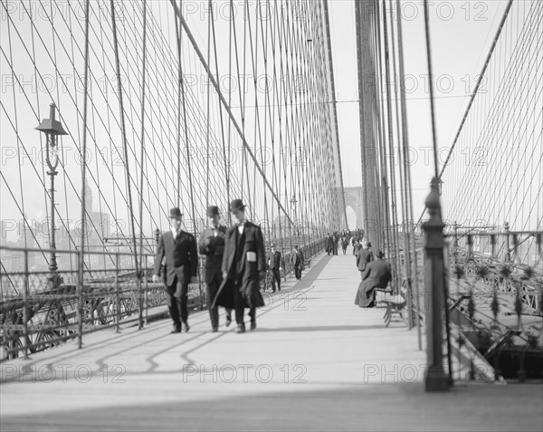 Pedestrians Walking Across Brooklyn Bridge, New York City, New York, USA, Detroit Publishing Company, 1905