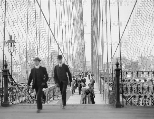 Pedestrians Walking Across Brooklyn Bridge, New York City, New York, USA, Detroit Publishing Company, 1905