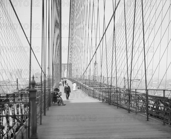 Pedestrians Walking Across Brooklyn Bridge, New York City, New York, USA, Detroit Publishing Company, 1905