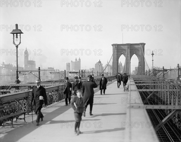 Pedestrians Walking Across Brooklyn Bridge, New York City, New York, USA, Detroit Publishing Company, 1905