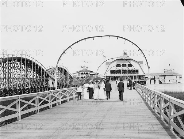 Roller Coaster along Boardwalk Leading to Casino, Lake Erie Park and Casino, Toledo, Ohio, USA, Detroit Publishing Company, 1905