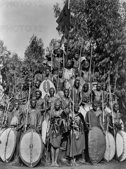 Group of Kavirondo Warriors in Full War Dress, Kenya, 1900
