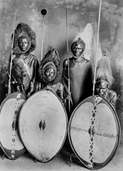 Four Masai Warriors in Full War Dress, Kenya, 1900